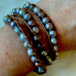 Boho vibe leather and gray bead wrap bracelet